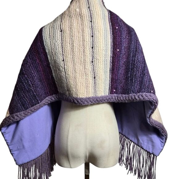 Purple and Cream Striped Hand Knit Shawl with Fringe And Embellishments - Picture 5 of 6